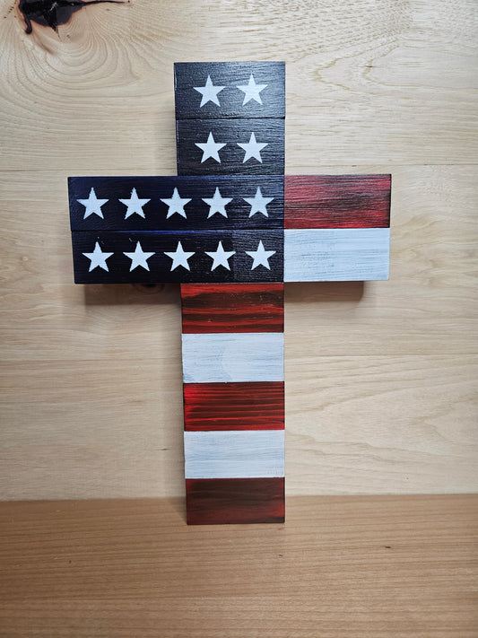 Handmade Flag Cross w/ Stake